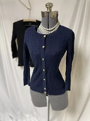 Talbots Cardigan Size S LOT Navy Blue Sweater Black Sweater Gold Buttons Cotton • $21.99