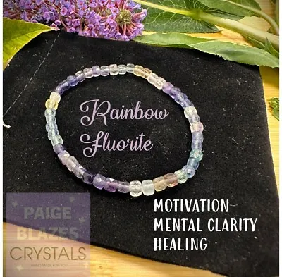 Crystal Healing Stones Rainbow Fluorite 4mm Cube Bracelet Motivation Healing • £8.99