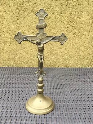 Vintage Ornate Brass Jesus Christ Table Cross Crucifix Memento Mori #830 • $120