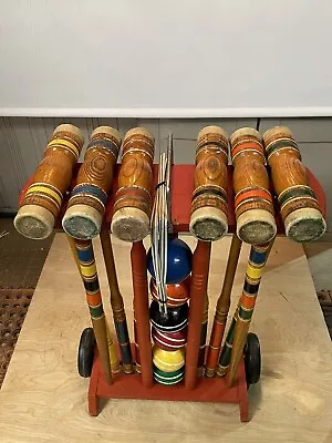Vintage Croquet Set With Wheeled Stand-6 Players-Complete-Lawn Game-NICE! • $119