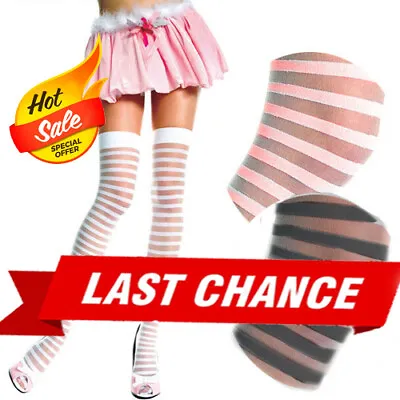 $4.99 • Buy Sheer/Opaque Striped Horizontal Jester Elf Costume Thigh High Tights Pantyhose