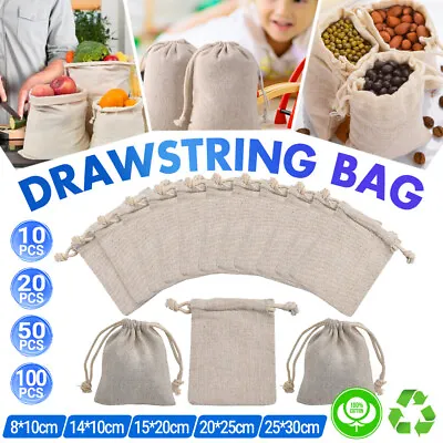 10-100x Canvas Bags Drawstring Storage Bag Bulk Linen Calico Cotton Tote Gift • $72.99
