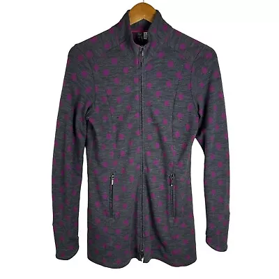 Ibex Sweater Jacket Womens M Full Zip 100% Merino Wool Gray Purple Polka Dots • $39.11