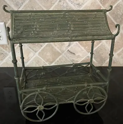 Metal Flower Planter Bamboo Cart Wagon Plant Stand Decor • $19.99