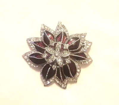 Monet Vintage Christmas Poinsettia Flower Brooch Pin Silvertone Ruby Red • $9.90