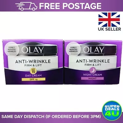 Olay Anti-Wrinkle Day & Night Cream BUNDLE Firm & Lift With Skin Renewal 50ml UK • £14.97