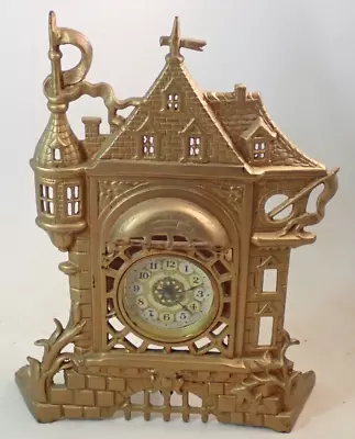 Antique Ornate Figural Cast Iron Golden Novely 12  Mantel Shelf Clock • $9.99