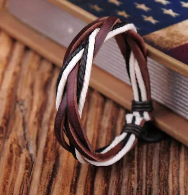 G347 Multi-Color Adjustable Hemp Leather Braided Wristband Bracelet Unisex Mens • £3.59