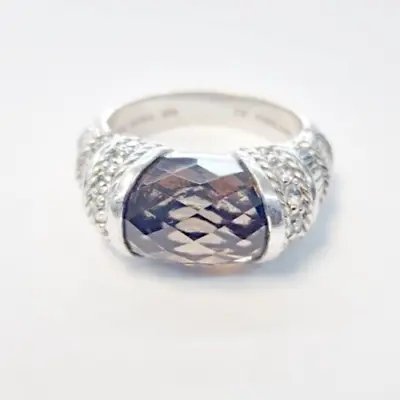 Judith Ripka Sterling Silver 925 Smoky Quartz Cocktail Ring Size 10 W/CZ Accents • $59.99