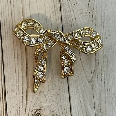 VTG Signed Monet Gold Tone Clear Rhinestone Pave Bow Ribbon Brooch Pin Sparkles • $11.69