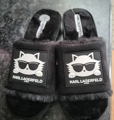 NEW KARL LAGERFELD Paris Jianna Fur Cat Logo Slides Black Womens Size 7M Sandals • $34.50