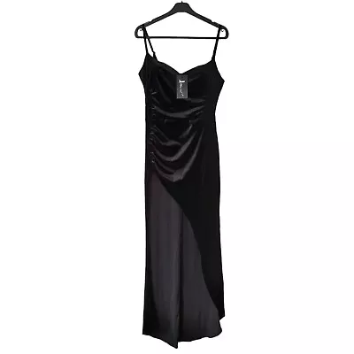 MISSORD Dress Large Black Split Thigh Ruched Velvet Cami Formal Gown Padded BNWT • $11.92