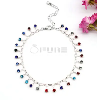 925 Silver MultiColour Dangling Crystal Tassel Ankle Foot Chain Anklet Bracelet • £3.99