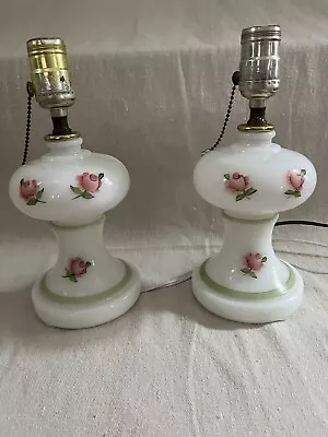 Pair Vintage Milk Glass Handpainted Roses Boudoir Bedroom Vanity Lamps 11  • $36.99