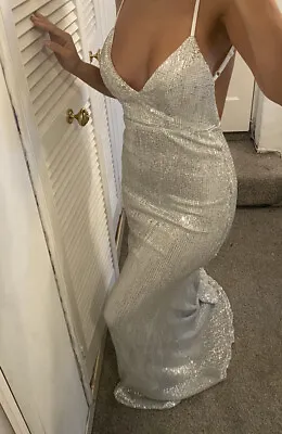 Backless Bridesmaid Sequin Silver  Formal Evening Ball Gown Dress 6 8 Cocktail • £79