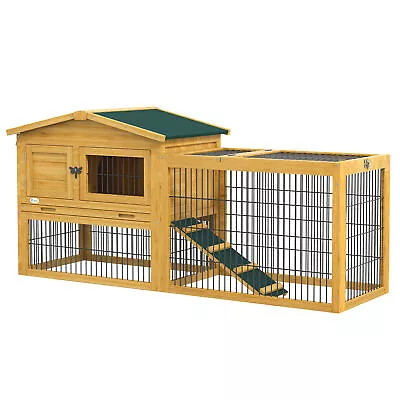 Pawhut Wooden Rabbit Hutch With Run Asphalt Roof Pull-Out Tray Ramp Yellow • £89.99