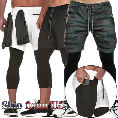 Man's 2 In 1 Compression Gym Workout Training Liner Phone Pocket Shorts Pants US • $18.99