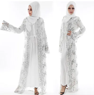 Sequins Open Kaftan Abaya Women Cardigan Long Dress Abaya Muslim Lace Robe Gown • £25.02