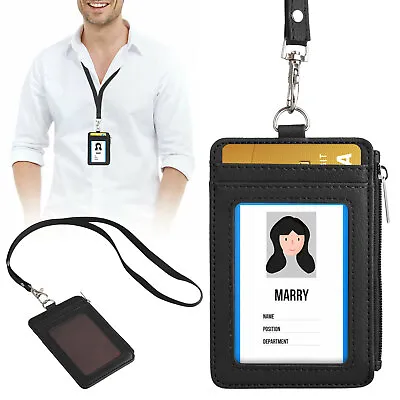 Vertical Leather Neck Strap ID Badge Credit Card Holder Pouch Wallet W/ Lanyard • $9.98