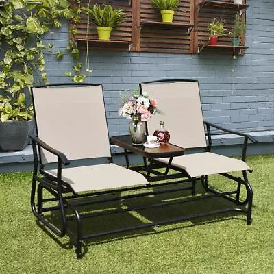 Double Glider 2 Person Rocking Loveseat Chair Steel Frame With Center Table • $248.97