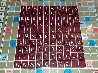 100 Scrabble Deluxe Burgundy Red Wood Letter Tiles Complete Set • $18