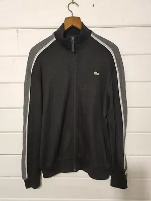 Vintage Lacoste Men's Jumper Full Zip Wool Blend Striped Black/Grey Size 4 Large • £33.50