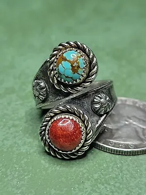 Number #8 Mine Turquoise Red Coral Sterling Silver Tufa Cast Ring Size 7 - 10.2g • $145