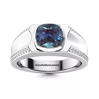 925Sterling Silver Band Alexandrite Gemstone Cushion Cut Engagement Ring For Men • $56