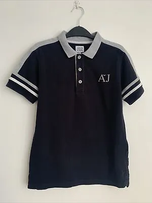 £6 • Buy Boys Armani Navy Blue & Grey Polo Shirt With Print Design Size 10 Yrs