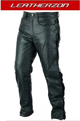 $120 • Buy Mens Genuine Cow Leather BIKERS PANT/TROUSER BREECHES MOTORBIKE PANT Laced Sides