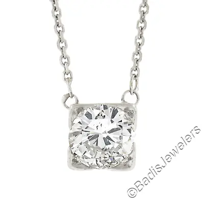 Vintage Platinum 0.92ct Round Diamond Solitaire Squared Pendant W/Cable Chain • $3198.40