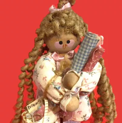 Sewing Lady Doll Carrying Sewing Basket And Fabric Wooden Hand Crafted 5 1/2  • $6.50