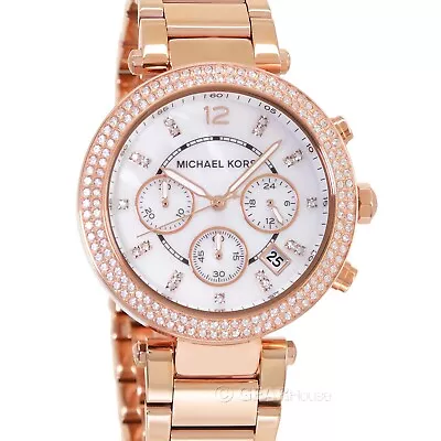$114.80 • Buy MICHAEL KORS Womens Parker Chronograph Watch Crystals MOP Dial Rose Gold Band