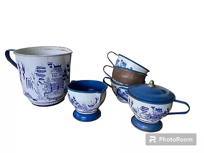 Vintage Blue Willow Japan Toy Metal Dishes 6 Piece Tea Set • $25