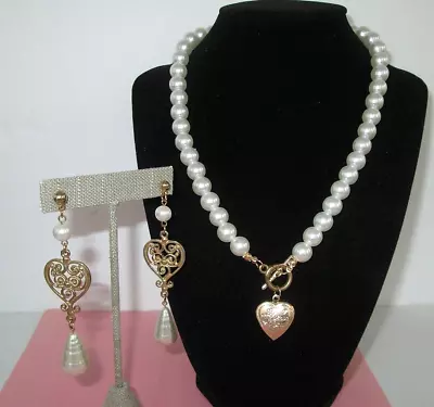 White Faux Pearl I Love You Locket Heart Necklace + Baroque Pearl Drop Earrings • $11