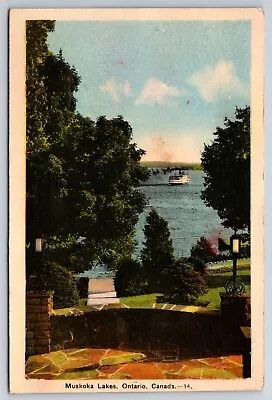 Postcard  Muskoka Lakes Steamer Thru The Trees Ontario Canada Posted 1944 • $7.64