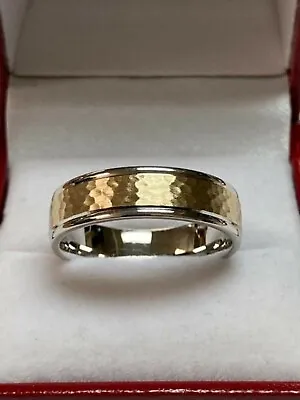 10k Solid White & Yellow Gold Mens Wedding Bands Hammered Finish 6mm • $550