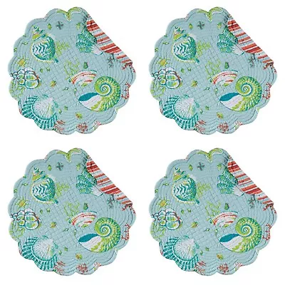 Laguna Breeze Shells Coral Blue Green Quilted Round Scalloped Placemats Set Of 4 • $36.88