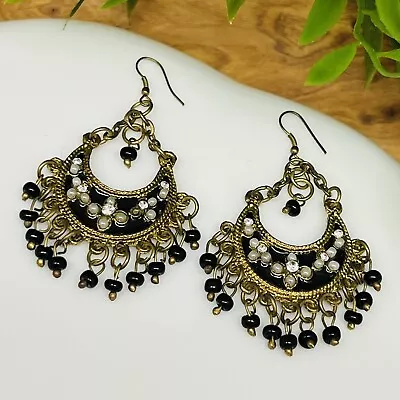 Vintage Beaded Dangle Earrings Ethnic Tribe Chain Gypsy Black Antiqued Gold 1303 • $11.98