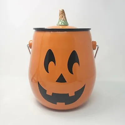 Metal Enamel Lidded Pumpkin Bucket Cheryl & Co Halloween Jack O Lantern Pail • $32.50