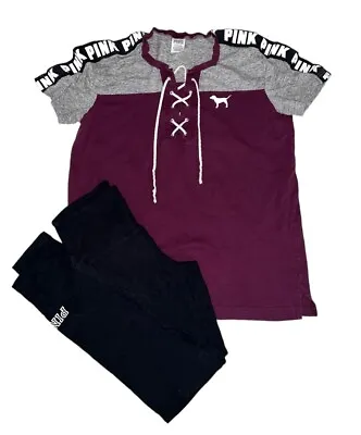 $34.99 • Buy VS PINK Outfit Victoria’s Secret Small OS Yoga Leggings Campus Tee Maroon Black