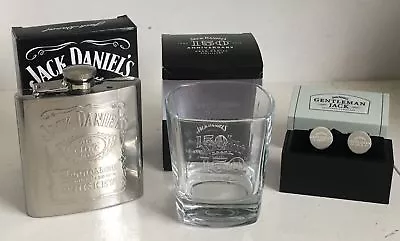 JACK DANIELS QUALITY  SET GENTLEMAN JACK CUFFLINKS 150TH GLASS & 6oz HIP FLASK  • £29.99