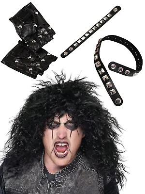1980s Rockstar Punk Disco Costume Set Rocker Wig Studded Gloves Choker Wristband • £13.90