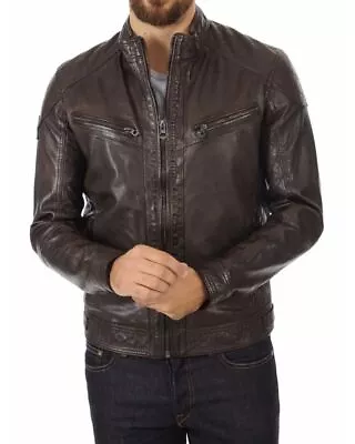 New Leather Jacket Mens Biker Motorcycle Real Leather Coat Slim Fit Brown #470 • $118