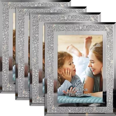 4 Pack 6 X 4 Inches Glass Photo Frames Crystal Glitter Mirrored Picture Frames • £21.84
