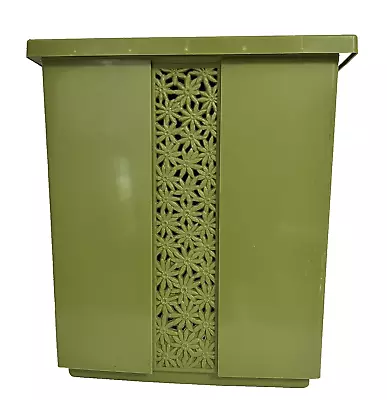 VTG Avocado Green Clothes Hamper Fesco Daisies Hard Plastic Laundry Basket • $60.02