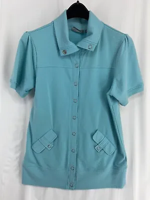 Motto Size Medium Women's Blue Short Sleeve Sweater Snap Button Jacket Stretch • $11.99