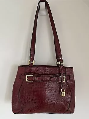 Etienne Aigner Croc Embossed Leather Shoulder Bag Handbag Oxblood Gold Padlock • $28