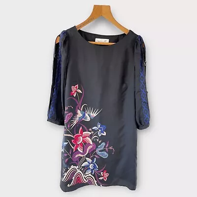 Damsel In A Dress Sz 12 Silk Floral Dress Black Multi Mini A-Line Cut Out Sleeve • £14.99