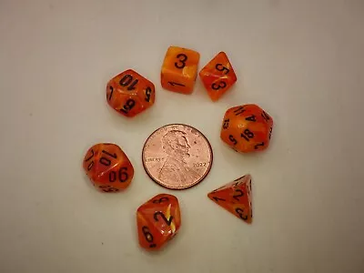 7 Die 10mm Mini Polyhedral Dice Set Tabletop - Chessex Vortex Orange With Black • $5.98